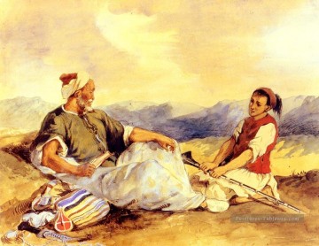 Eugène Delacroix œuvres - Deux Marocains assis à la campagne romantique Eugène Delacroix